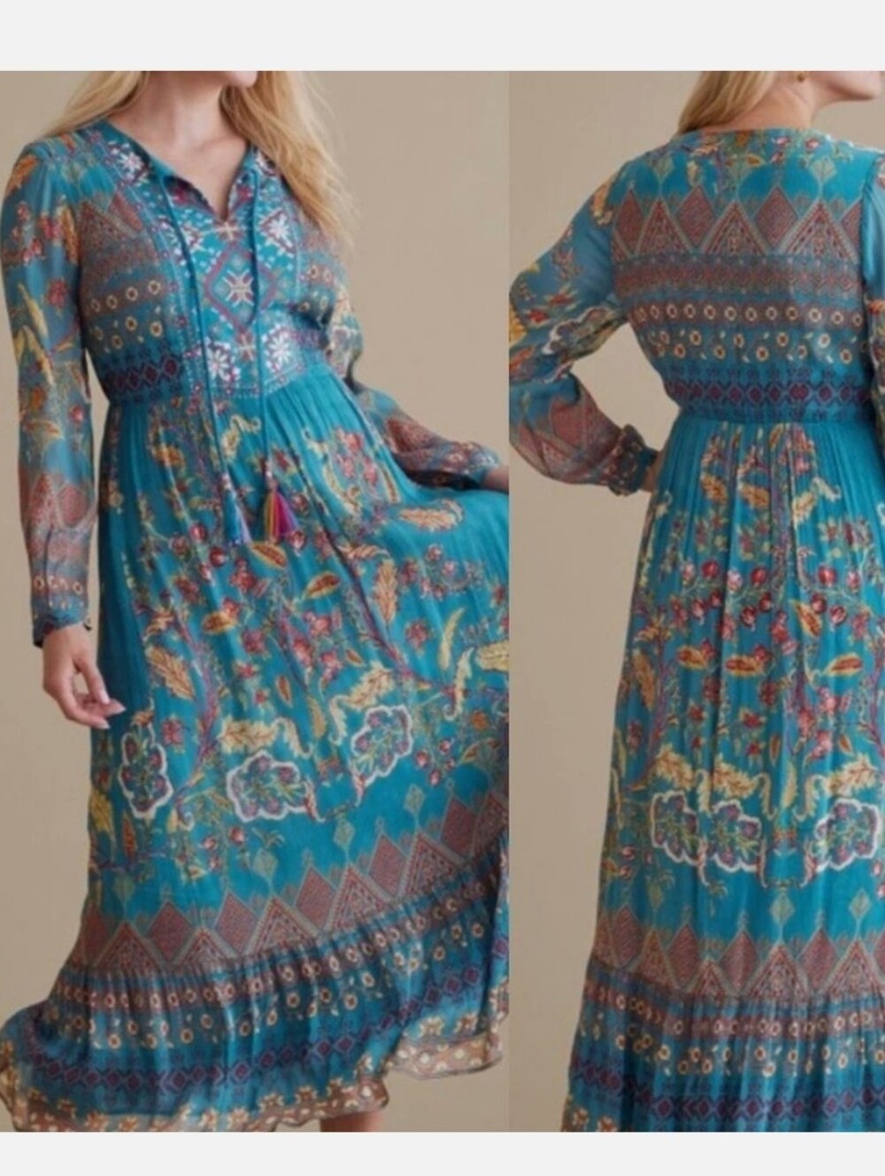 Soft Surroundings Mirapani Embroidered Aztec Print Maxi Dress